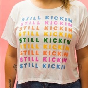 𝅺⭐️ 3/$30 ⭐️ Still Kickin’ Soft Boxy Crop Tee with Rainbow Print, Size Large